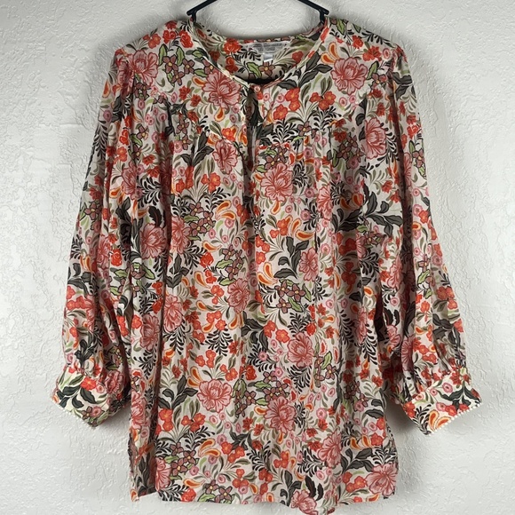 Johnny Was Valencia Circle Yoke Blouse Top Sz Large Floral Cuff Multicolor - Picture 2 of 14